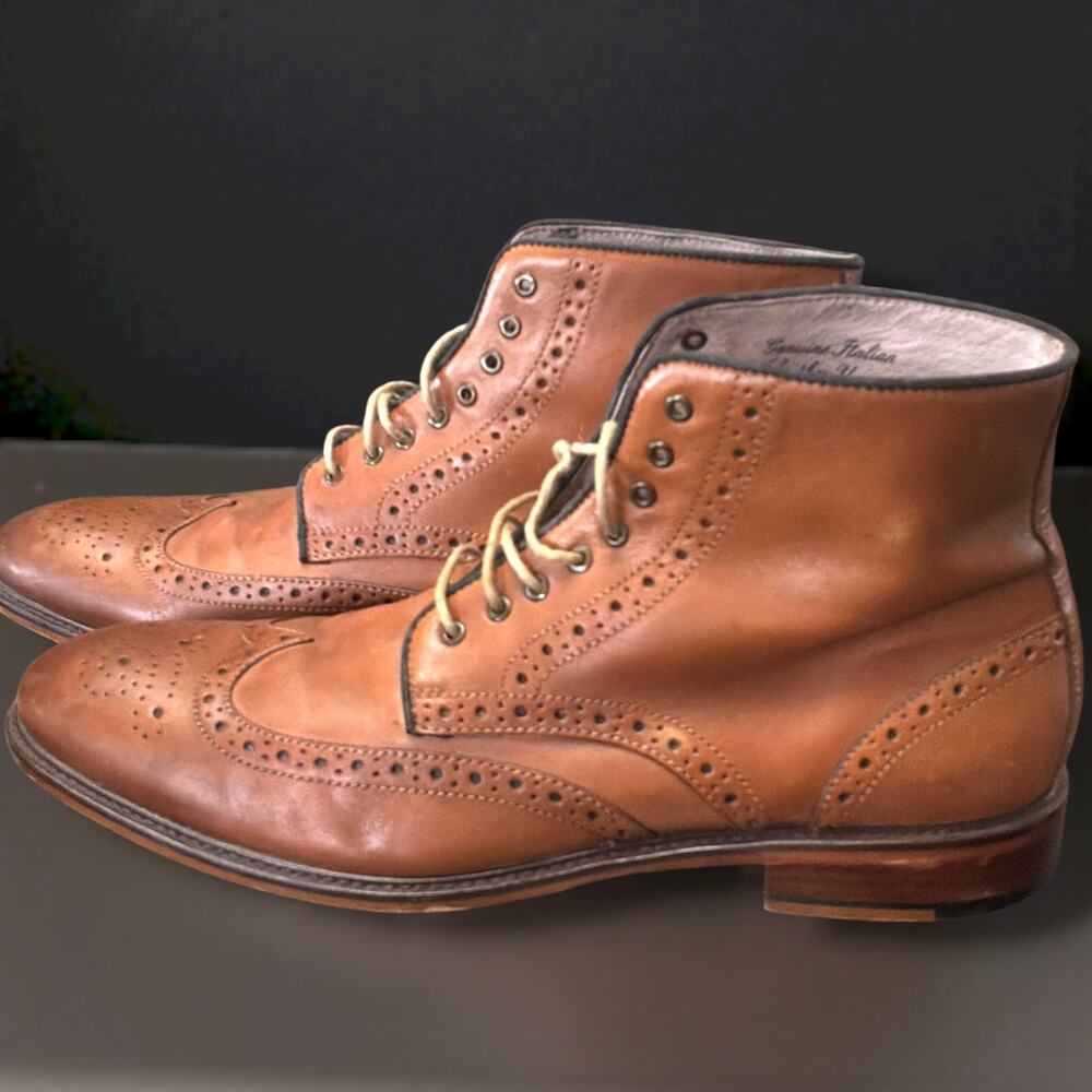Men's Sz 12 JOSEPH ABBOUD Brown Leather Wingtip Brogue Boots Excellent Condition